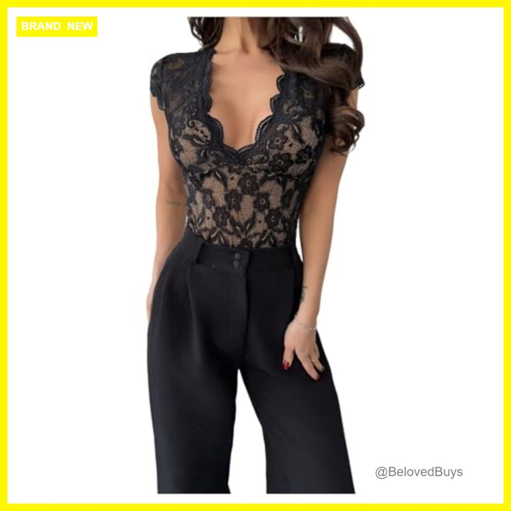 Sexy Floral Lace Trim Bodysuit Backless Deep V Neck Lingerie Jumpsuit Romper - Picture 2 of 7